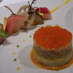 ラ・ヴァガボンド - ７-４）『活け鮑と帆立貝』ガトー仕立て　雲丹ソース　季節野菜のエテュベ