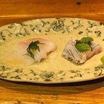 Sakai Shoukai - お造り　　天草の太刀魚 しその実醤油で と 唐津の真鯛 煎り酒で