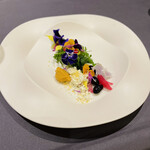 プレゼンテ スギ - Sugi畑をお皿に乗せて
      ハーブ、エディブルフラワー、山三つ葉、芹、ドレッシングペーストとレモンオリーブオイルパウダー、弾けるキャンディー