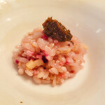 スープとカレー ボンジョルネ - ●リゾット
      赤大根とたけのこのリゾット
      ふき味噌添え
      
      味噌でより和に振れたリゾット