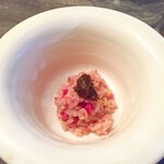 スープとカレー ボンジョルネ - ●リゾット
      赤大根とたけのこのリゾット
      ふき味噌添え