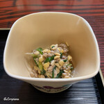かわ広 - 湯通ししたひきわり納豆と韮とミンチ肉