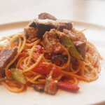 Beef and olive tomato sauce spaghetti