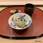 御料理 寺沢 - 喜知次と帆立の稚貝､豌豆豆､筍､木の芽の炊込みごはん
