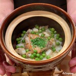 御料理 寺沢 - 喜知次と帆立の稚貝､豌豆豆､筍､木の芽の炊込みごはん
