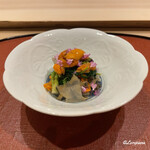 御料理 寺沢 - バフン海胆と鮑と屈み､楤の芽､葉山葵