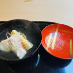 山玄茶 - ぜんまいの湯葉巻き  鯛  筍  白髪葱  生姜