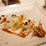 SANKARA HOTEL&SPA 屋久島 - 冷前菜／
      屋久島産車エビと水イカ
      オレンジのマリネ和え、タルタル仕立て