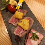 旬魚旬菜まるとび - ☆仙台牛雲丹巻き
      仙台牛に雲丹‼️美味しいに決まってますよねぇ～(﹡ˆ﹀ˆ﹡)♡♡♡
      鴨のローストは、、、