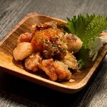 Fried octopus, fried gizzard, ponzu sauce, rebakatsu