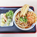 長生うどん - かけうどん中盛ｗｉｔｈちくわ天、かき揚げ＆山菜天ぷら