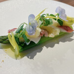 IZA - 8.アスパラガス　エディブルフラワーと全体の彩色が春っぽいです。アスパラガスにホッキ貝と日向夏を合わせるなんて…そして食べてみて納得。