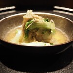 薪鳥新神戸 - 芯取菜と新牛蒡の煮浸し + えごま