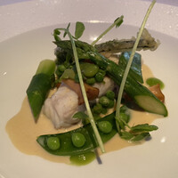 オテル・ド・ヨシノ - 和歌山の石鯛、白ワインのソース、アスパラガス、グリーンピース、サヤエンドウ、インゲン豆のピュレ、コゴミの天ぷら