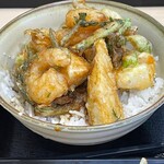 ゆで太郎 - 季節のミニ丼セット＋生たまご＋コロッケ＋かきあげ