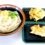 富士見うどん - かけうどん2玉￥380＆天ぷら(かき揚、ささみ天)各￥120