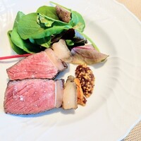 La Brianza - サカエヤ38日熟成13歳サーロイン炭火焼きタスマニア産粒マスタードロメスコ。母の日を自分で頑張ってエライ!!ってデグスタ注文、でお出し下さった熟成牛。熟成肉って同じ牛でも毎回違う美味しさなのがすごい♡