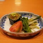日本料理 たかむら - 秋田産鯵磯辺巻き、アメーラトマト