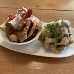 mi-shang - "Cream Cheese and Fermented Tofu, Apple Chips and Walnuts" and "Bamboo Shoots and Japanese Pepper Leaf Salad"