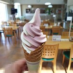 道の駅あに　マタギの里 - 山ぶどう×バニラのミックスソフト 350円