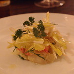 ICARO miyamoto - Feb, 2013 ①車エビ・ホワイトアスパラ・黄色タンポポの葉サラダ　ボルツァーノ風