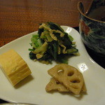 Shikishunsaimiduho - 副菜３点。だし巻き。蓮根、水菜のおひたし