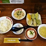 PAIRON - ランチ：四大餃子定食（餃子、スープ、小鉢（冷奴）、本日の料理（棒棒鶏）、ライス）