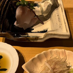 日本料理こまつ - クエの刺身。醤油にこだわりあり。