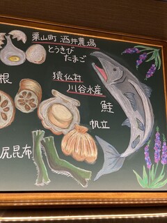 Dousan Youniku Kappou Ramu Pirika - ラムぴりかのこだわりの食材とお取引先を黒板アートで描いて頂きました。