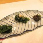 新ばし 星野 - せりのごまあえ・菜の花のからしあえ・揚げて炊いたふきのとう