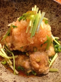 Tsukito Usagi - 初めて頂いた、牡蠣の唐揚げ。おろしポン酢の相性も合って酒のつまみになる！