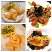 東天閣 神戸本店 - プレミアムコース@8,800円の大海老の煎りつけ、牛タンのXO醤炒め✨エビチリでもエビマヨでもない、甘酢の効いたプリップリの海老。レモンが爽やかで春キャベツも柔らかい。対照的に牛タンは薄切り＆ピリ辛♪