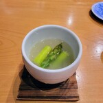 小判寿司 棚倉 - 白河のアスパラガスとゴマ河豚の白子、魚出汁のあん