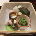 温味 - あんきも　鯖寿司　鴨　アスパラ味噌漬けなど。