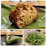 鎌倉 北じま - ちまき 揚げ麩のお寿司
      笹の葉で覆われた大きなお皿、下には笹の葉で包まれたちまきが忍ばせてありました。