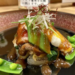 田菜花 - すき焼き風ソースのローストビーフ。ネギ、山芋などは割下で炊いてるのかな？御主人の茶目っ気が垣間見える品です