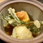 田菜花 - 鱧、南瓜豆腐、そして新茶葉の天ぷら。苦味が美味い