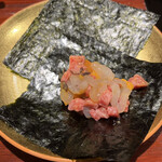 割烹 隆 - お昼のコース９６８０円。魚介と牛肉のタルタル。フォローしている方曰く、わかりやすい美味しさ。私もそう思います（╹◡╹）（╹◡╹）。撮り忘れたので写メは先日のものですm(_ _)m
