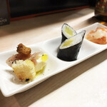 がばちょ - セット（アテ3品+ドリンク1杯/500円） この日のラインナップは生ハムクリチクルトン、しんこ細巻き、サーモンマリネ♡