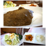カフェ クレール - ＊カレーはお肉やお野菜の旨味が溶け込み、コクを感じて美味しいらしい。 辛さも程よいそうです。ただ夫は辛味に強いので、辛口かもしれませんけれど。(^0^;) ＊サラダはキャベツが殆ど。 ＊福神漬け、らっきょう、玉葱のピクルス。