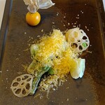 Restaurant TOYO Tokyo - ベニエ（天ぷら）
                        コシアブラ、タラの芽、ズッキーニ、生姜、日向夏にミモレットチーズが掛かってます。玉はフルーツホウヅキ