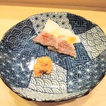 鮨駒 - 青森県陸奥に水揚げされたミンククジラのベーコンとあん肝の味噌漬