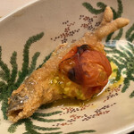 道人 - 琵琶湖の鮎のかき揚げと長崎の大島トマト