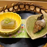 Sushi Asaduma - 磯つぶ貝] と [b:茄子の胡麻よごし