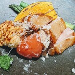 大洗料理つかさ - 奥久慈しゃも塩焼き、茨城産野菜、里美村のチーズ、ニラソース