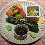大洗料理つかさ - さくらます木の芽焼き、焼き浸し、ちまき寿司（漬け鰹）、新物のもずく