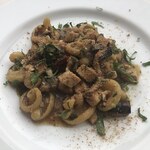 Fusilloni with swordfish, eggplant and almonds