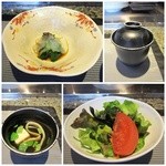鉄板焼　恵比寿 - 前菜（のれそれのお浸し・サラダ・筍真丈のお吸い物）