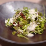 ラヴァンドール - 下には蜂蜜と白ワインビネガーでソテーした根菜があり、上には福岡県産のハーブが13種類。