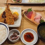築地食堂源ちゃん - アジフライとお刺身定食(¥1199)